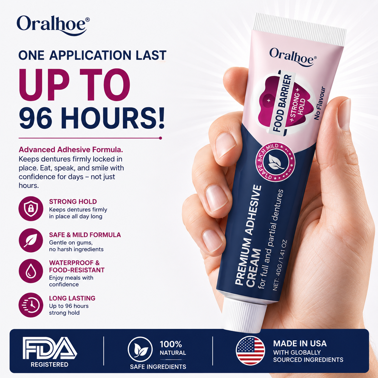 Oralhoe Premium Denture Adhesive Cream – Up to 96-Hour Strong Hold