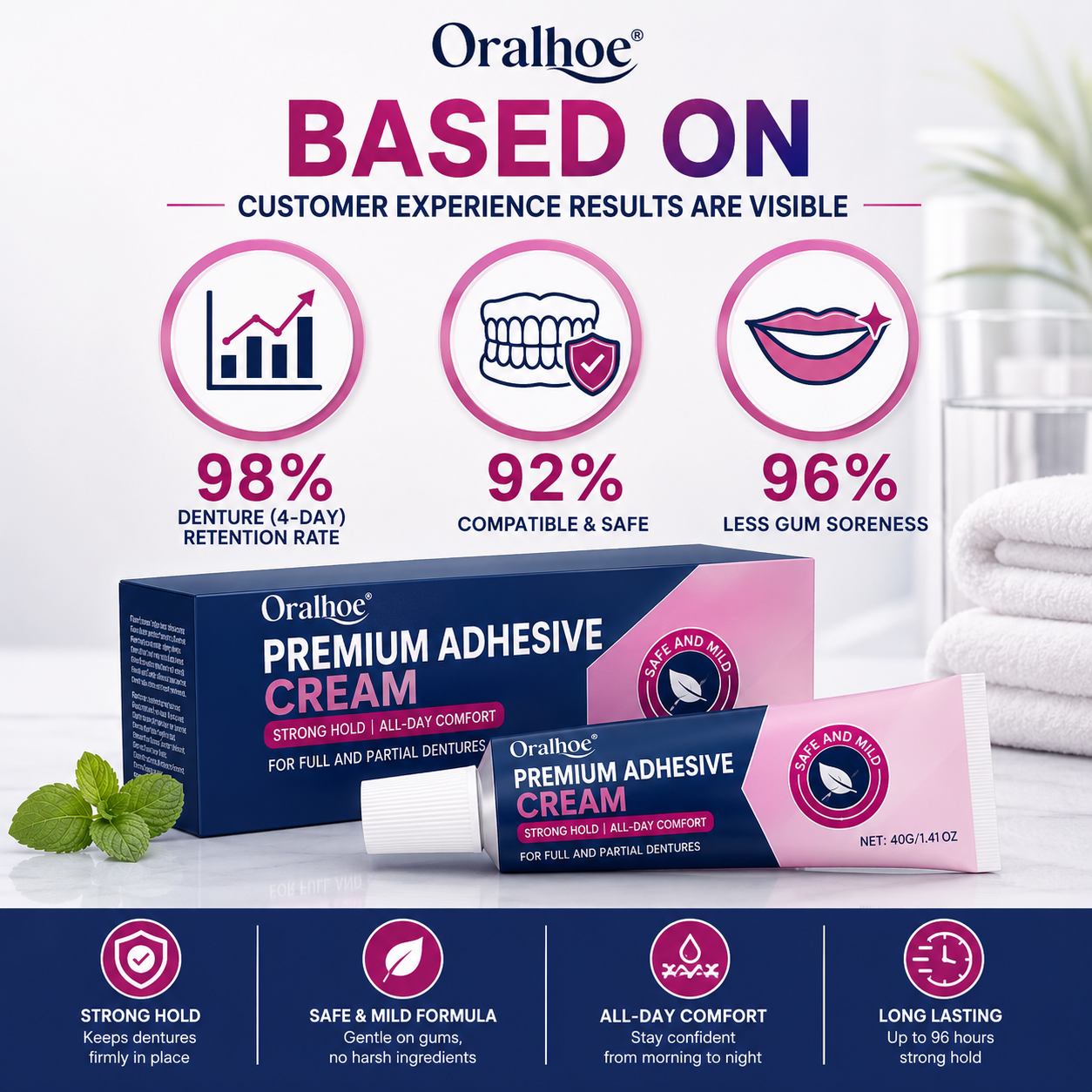 Oralhoe Premium Denture Adhesive Cream – Up to 96-Hour Strong Hold