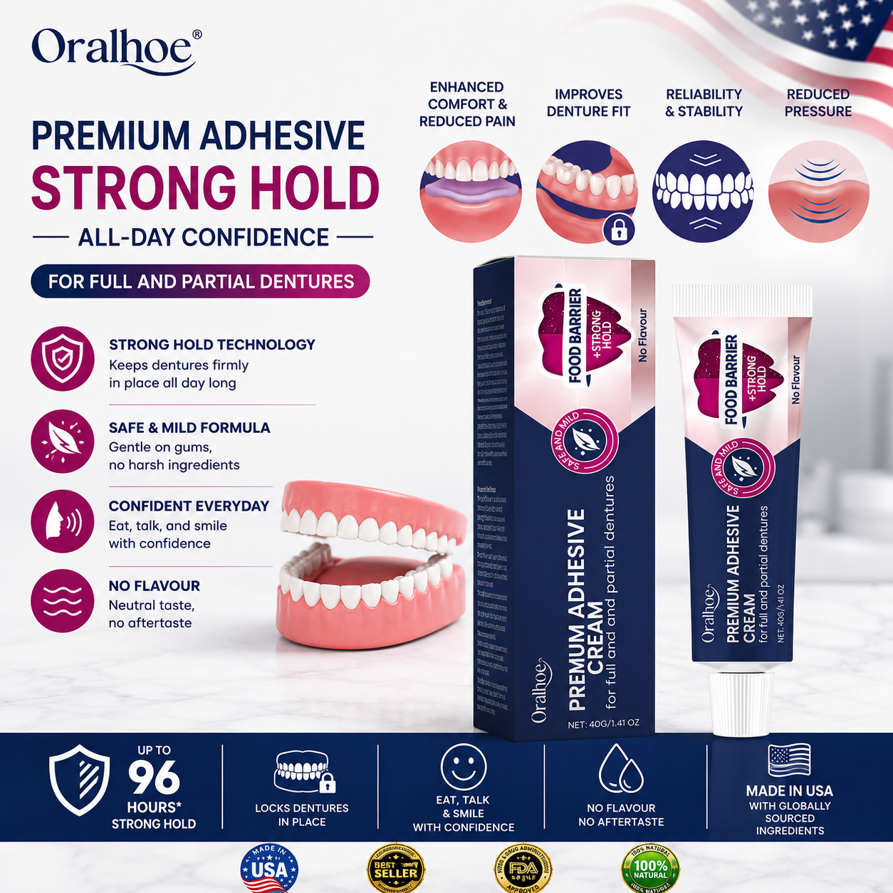 Oralhoe Premium Denture Adhesive Cream – Up to 96-Hour Strong Hold